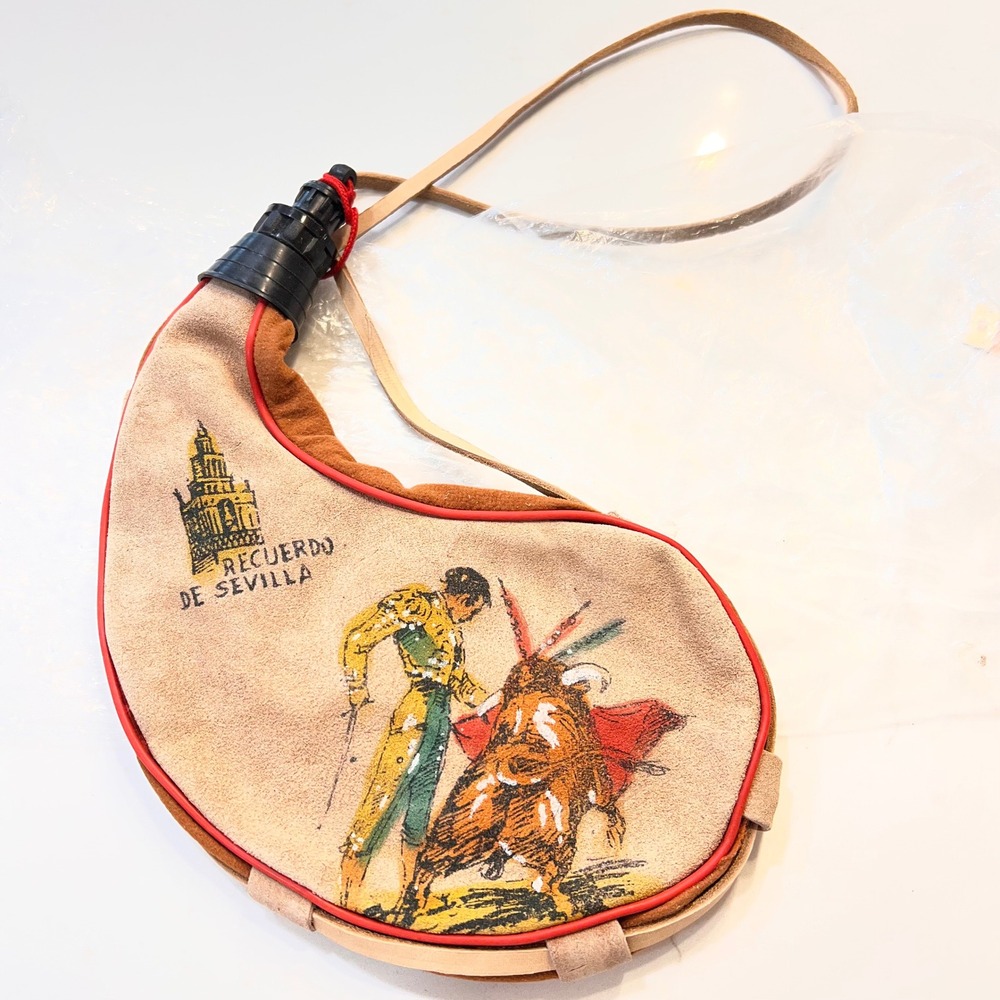 Vintage Spanish Bota Bag Wine Flask Recuerdo de Sevilla Bullfighting Canteen